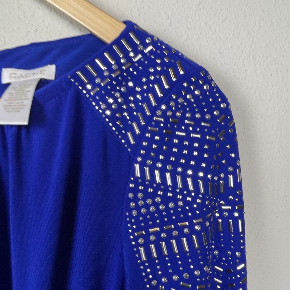 Cache Y2K Blue Embellished Bodycon Dress Size 4 Stretch Drape Party Event - Picture 4 of 7